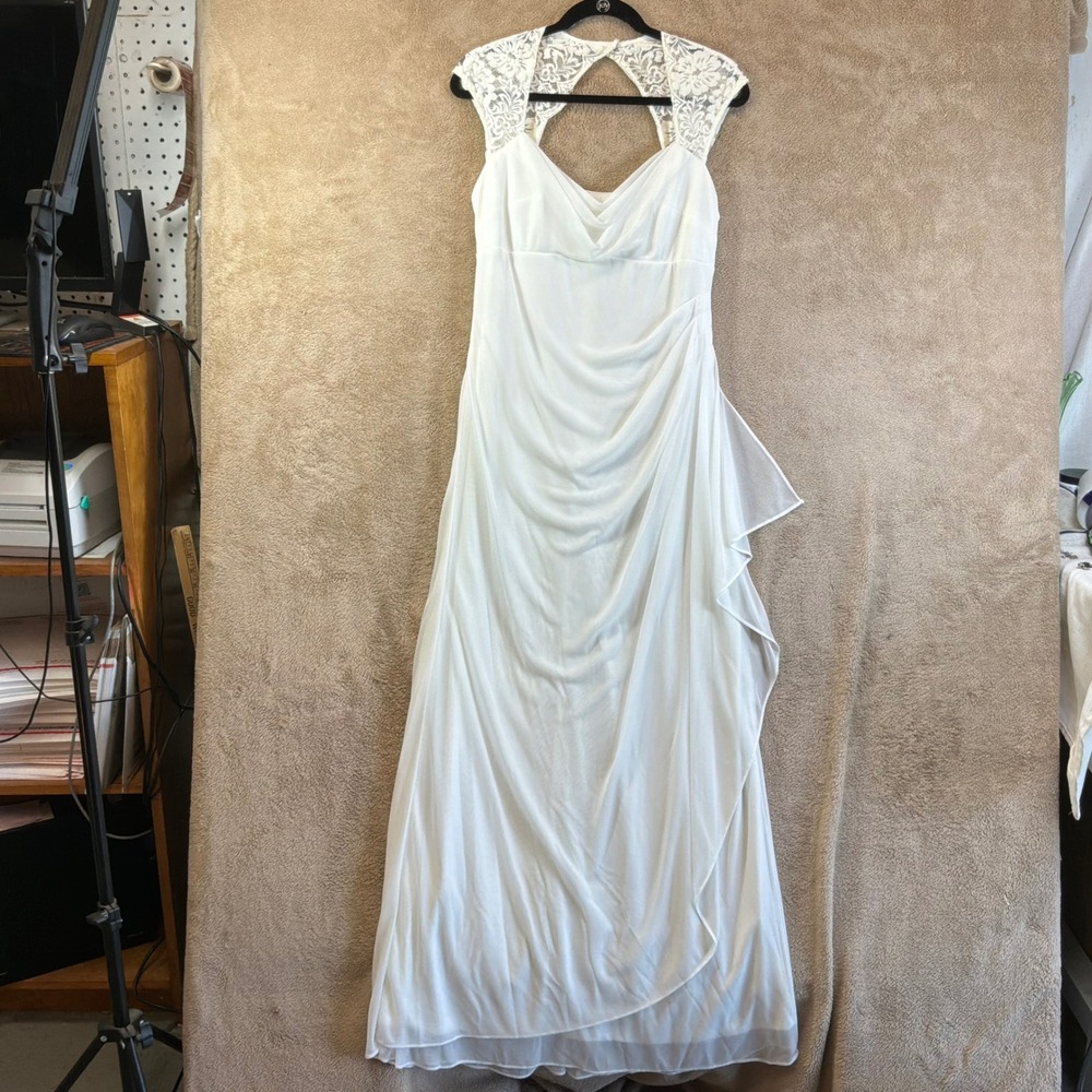 VTG White Maxi Dress Cowl Neck Lace Cap Sleeve Ruched Wedding Sheer 12 Bridal
